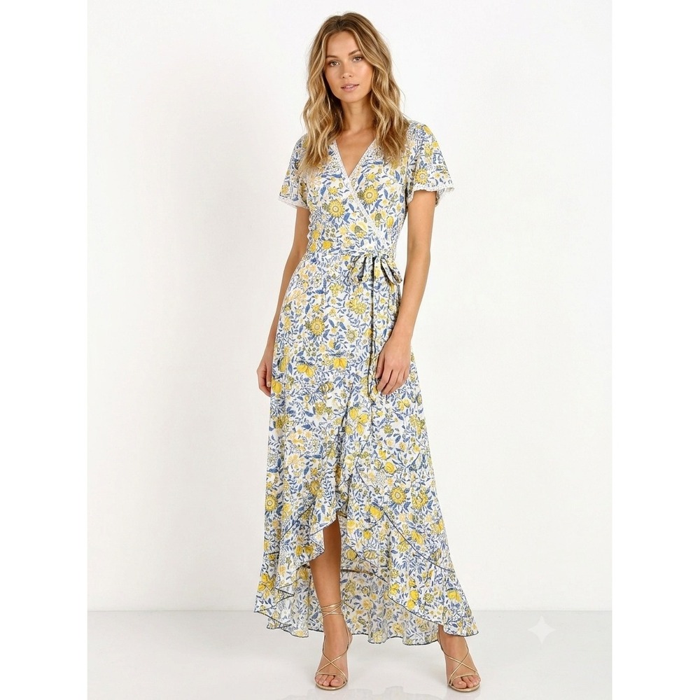 Poupette St Barth Joe Wrap Maxi Dress M Blue Yellow Sunflower Ruffle Resortwear